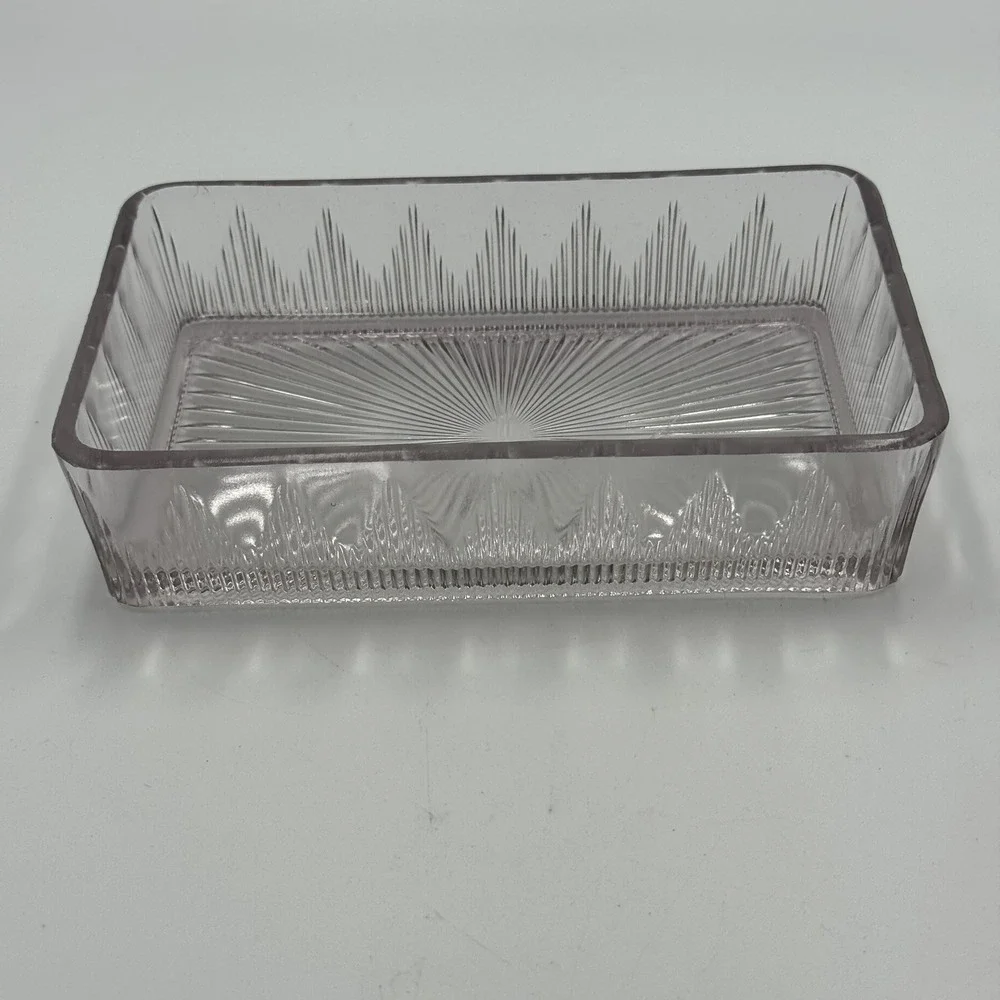 Vtg Purple tinted Pressed Glass Rectangular Refrigerator Dish Starburst Pattern
